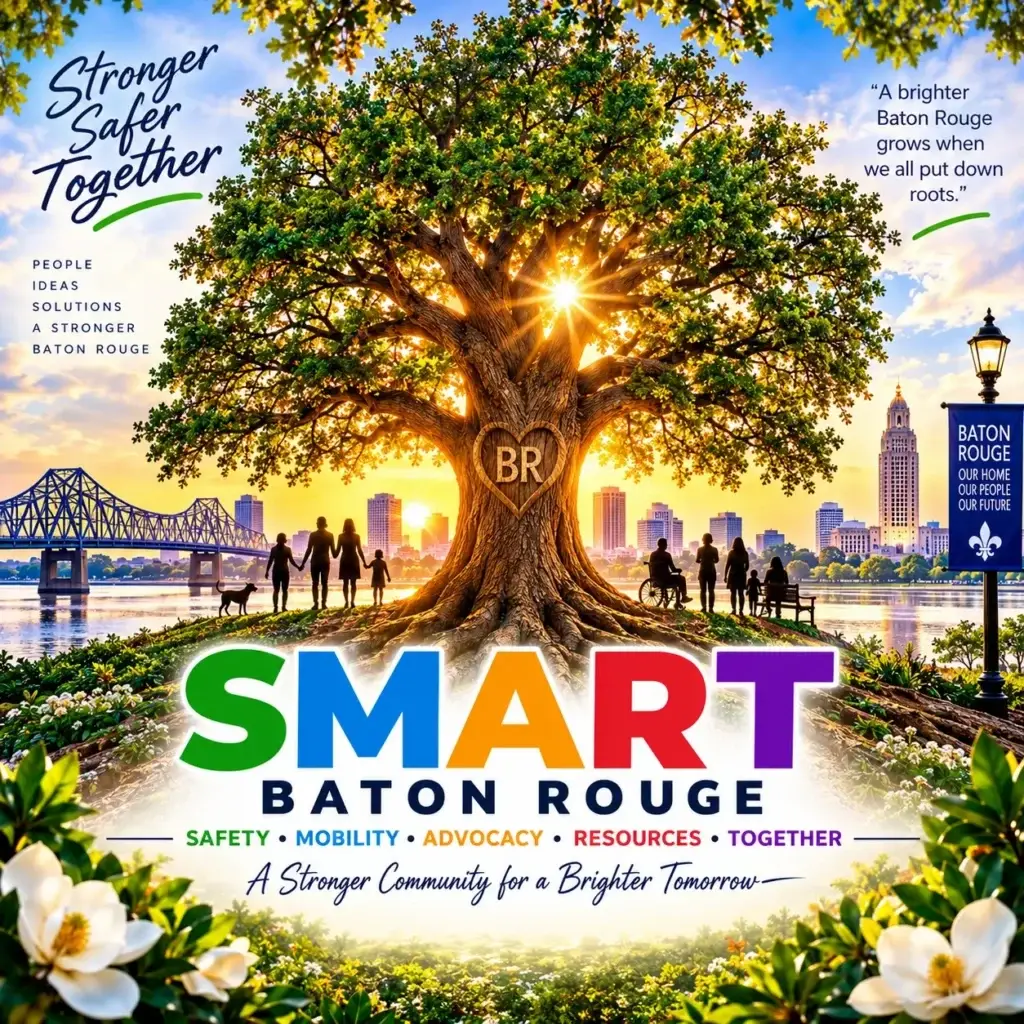 SMART Baton Rouge graphic: oak tree with a BR heart carved in the trunk, overlooking the Mississippi River bridge and Baton Rouge skyline, with the words Safety, Mobility, Advocacy, Resources, Together