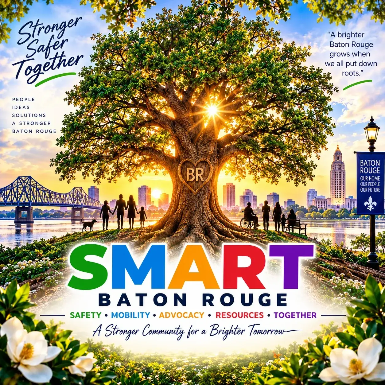 SMART Baton Rouge graphic: oak tree with a BR heart carved in the trunk, overlooking the Mississippi River bridge and Baton Rouge skyline, with the words Safety, Mobility, Advocacy, Resources, Together - A Stronger Community for a Brighter Tomorrow